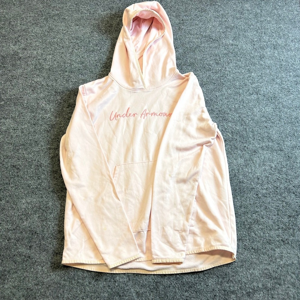 Under Armour Hoodie Womens Size M Pink Loose Fit Script Logo Fleece Athletic